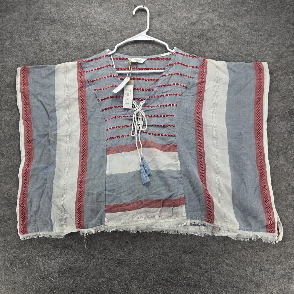 Natural Reflections Blouse Tunic Womens One Size Blue Striped Tassel Fringe Boho